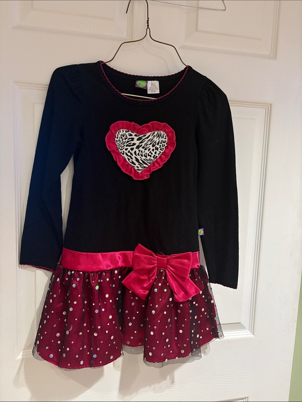 Dollie & Me Black Dress with Pink Accents and Polka Dot Skirt